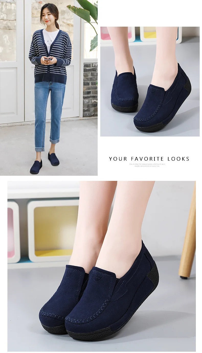 2022 Spring Autumn Women Flats Platform Loafers Ladies Genuine Leather Comfort Wedge Moccasins Orthopedic Slip On Casual Shoes