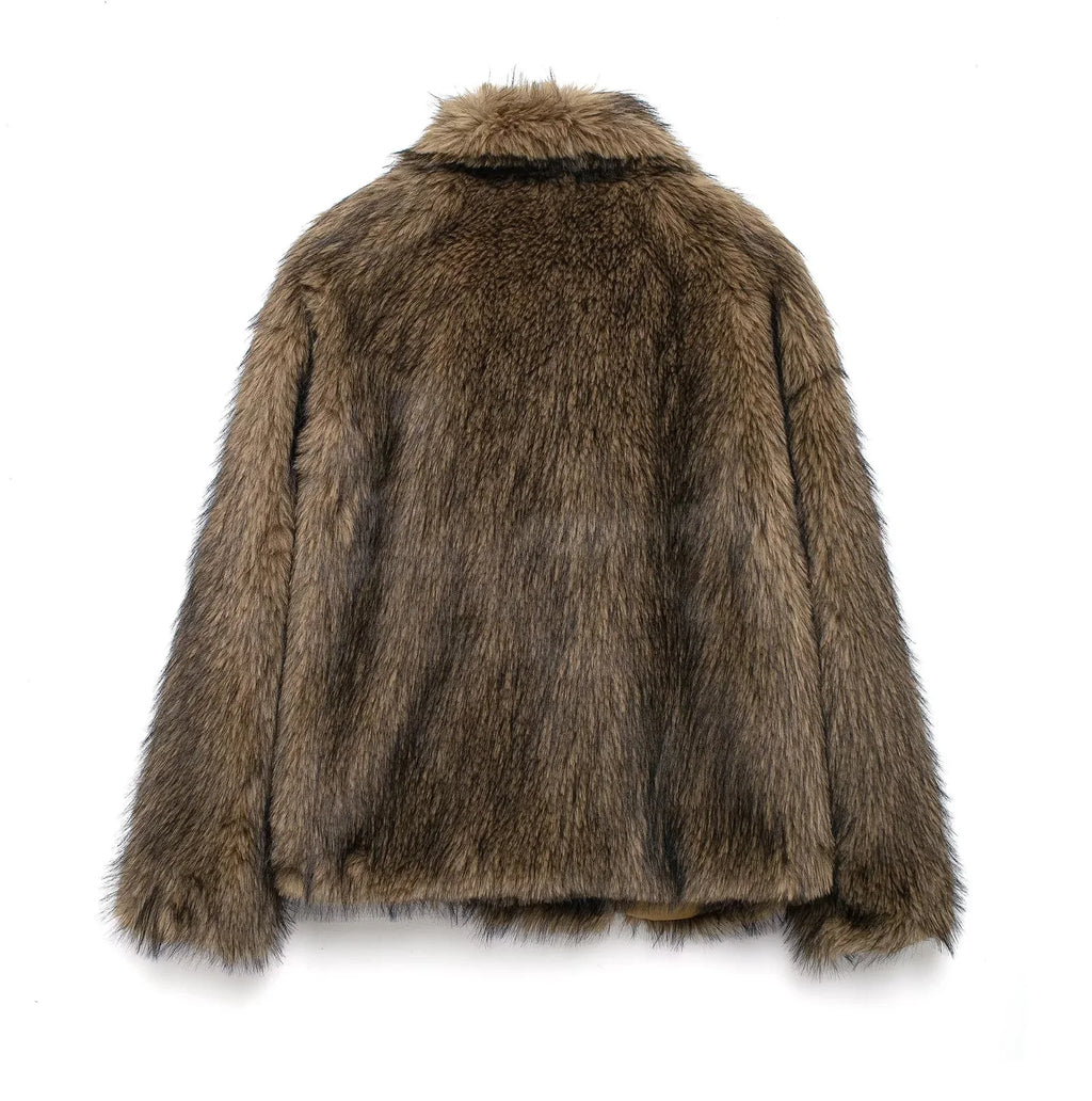 KONDALA 2026 Spring Summer Casual Faux Fur Brown Women Warm Jackets Valentine‘s Day Turn Down Collar Oversized Elegant Coats