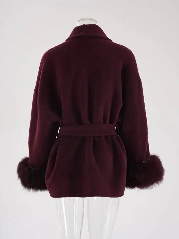 UCXQ Elegant OL Office Lady Overcoats Fur Patchwork Long Sleeve Woolen Coat Beautiful Women's Clothing Jacket Autumn 2025 Winter
