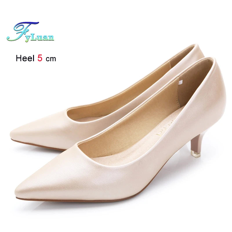 Black Med Heels 5cm Women Shoes Thin Heels Pointed Shallow Mouth Ladies Pumps Ten Colours Microfiber Stiletto Shiny Dating Shoes