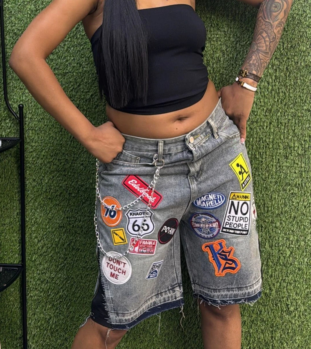 Harajuku Hip Hop Cartoon Denim Shorts Women Embroidery Patchwork Baggy Short American 2000s Y2k Jeans Low Waist Sports Shorts