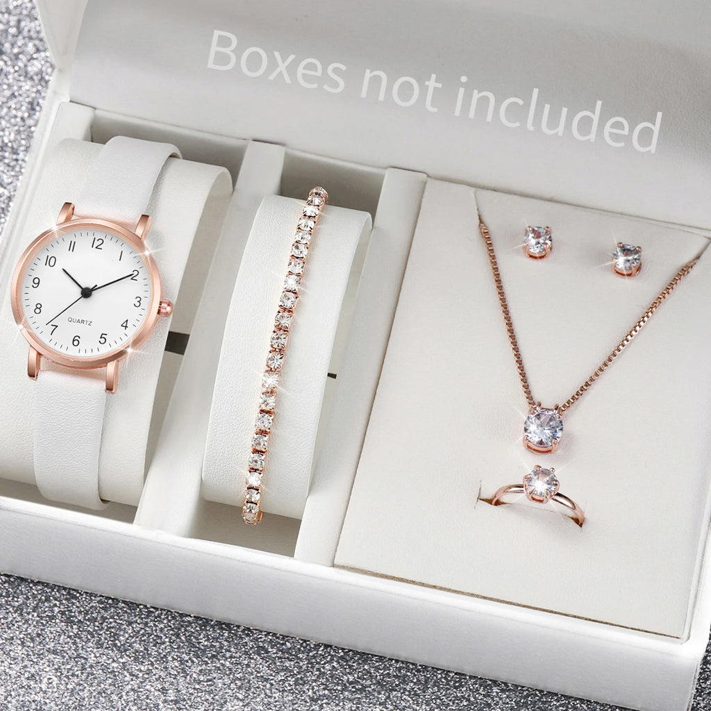 5/6PCS Fashion Women's Quartz Watch Leather Band Analog Quartz Watches with Diamond Jewelry (Without Box)