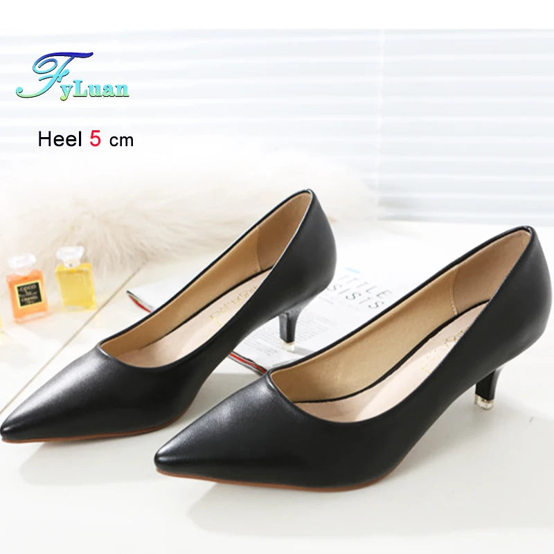 Black Med Heels 5cm Women Shoes Thin Heels Pointed Shallow Mouth Ladies Pumps Ten Colours Microfiber Stiletto Shiny Dating Shoes