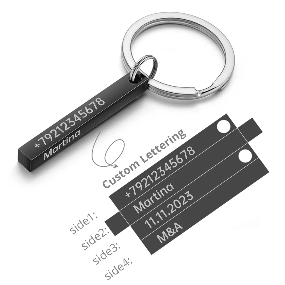 3D Bar Stainless Steel Personalize Keychains Engrave Text Name Date Logo Keyrings Customized Key Chain Rings Christmas Gift P039