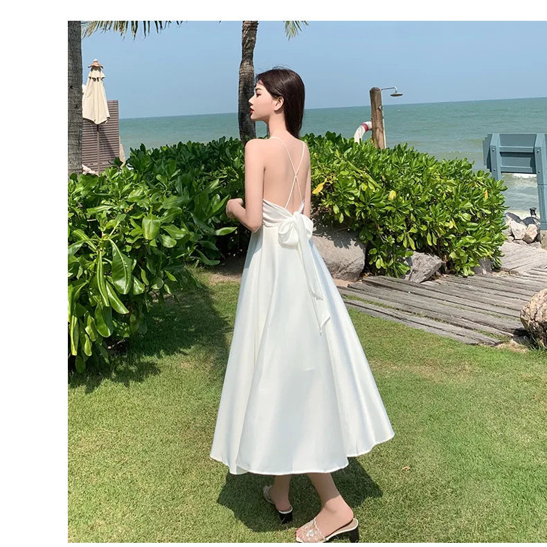 New ivory Caramel terracotta Auburn satin 120cm over knee spaghetti backless strap summer lady girl dress gown daily wear