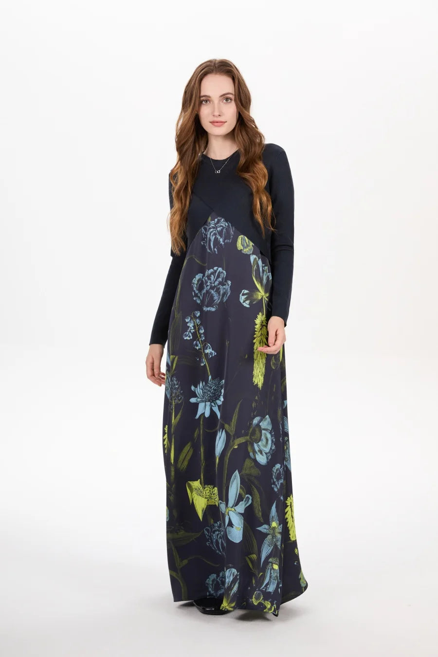 AS AW25 elegance slip satin dress + knitting cross top +mockneck woman clothing set adjustable maxi floor length