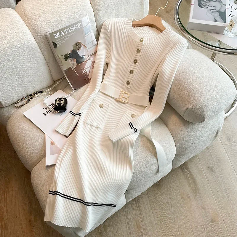 2024 New Autumn Winter Women Knitted Dress Brand Fashion O-neck Buttons Bodycon Sweater Dress with Belt Lady Office Dress