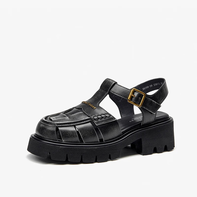 BEAUTODAY Gladiator Platform Sandals Women Solid Buckle T-Strap Thick Sole Retro Rome Summer Beach Ladies Shoes Handmade 38260