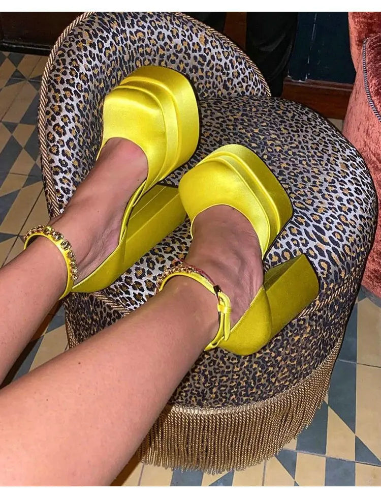 High Heels Women 2025 New Fashion Show 15cm Personality Super High Heel Waterproof Square Head Black Silk Runway Shoes