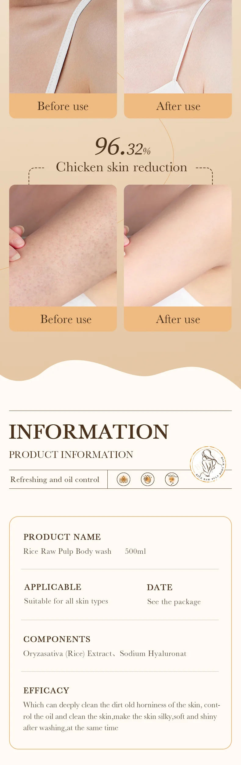 Rice Pulp Body Shower Gel 500ml, Hypoallergenic and Moisturizing, Refreshing and Oil-Controlling, with a Long-Lasting Light Fragrance, Suitable for All Light Beige and Sensitive Skin, Easily Removes Oil and Dirt, Provides Dai