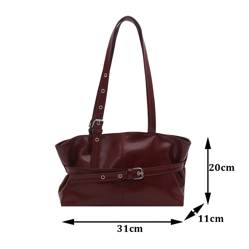 Luxury Wine Red Underarm Bag for Women Autumn/Winter Retro Commuter Shoulder Bag Casual Large Capacity Rivets Belt Totes