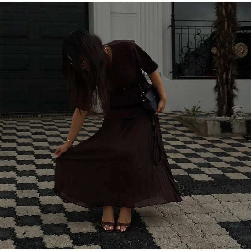 2025 Chic Splicing Brown Half Sleeve Maxi Dress Women's Casual Pleated A-line Slim Vestidos Female Office Commute Street Robes