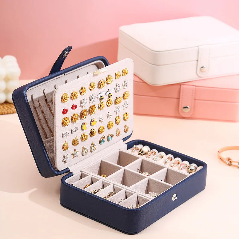 Portable double-layer buttoned jewelry storage box necklace watch, earring ring jewelry