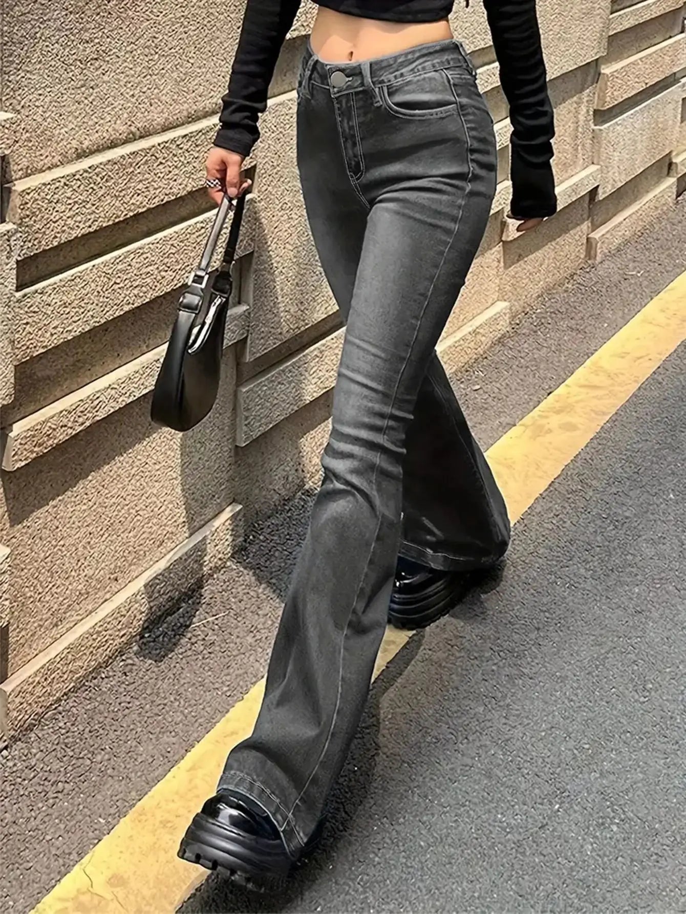 Womens Stretch Jeans Gray Slim Fit Bootcut Flare Trousers Simple Design Versatile Fashion Trendy Jeans Women's Pants