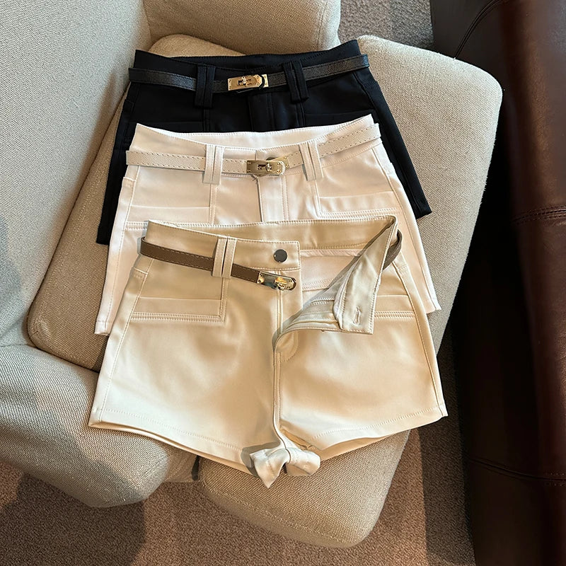 Autumn Black White Elegant Fashion Sexy Slim Short Pant Clothes Women Casual Beige Pockets High Waist Office Lady Shorts Simple