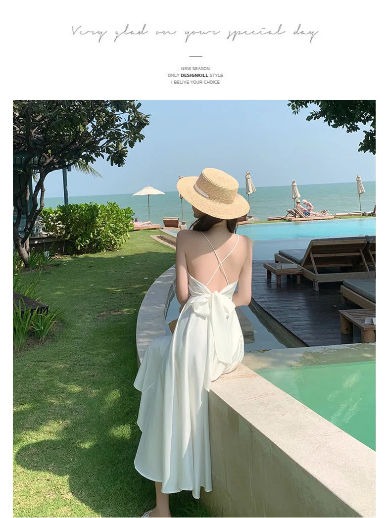 New ivory Caramel terracotta Auburn satin 120cm over knee spaghetti backless strap summer lady girl dress gown daily wear