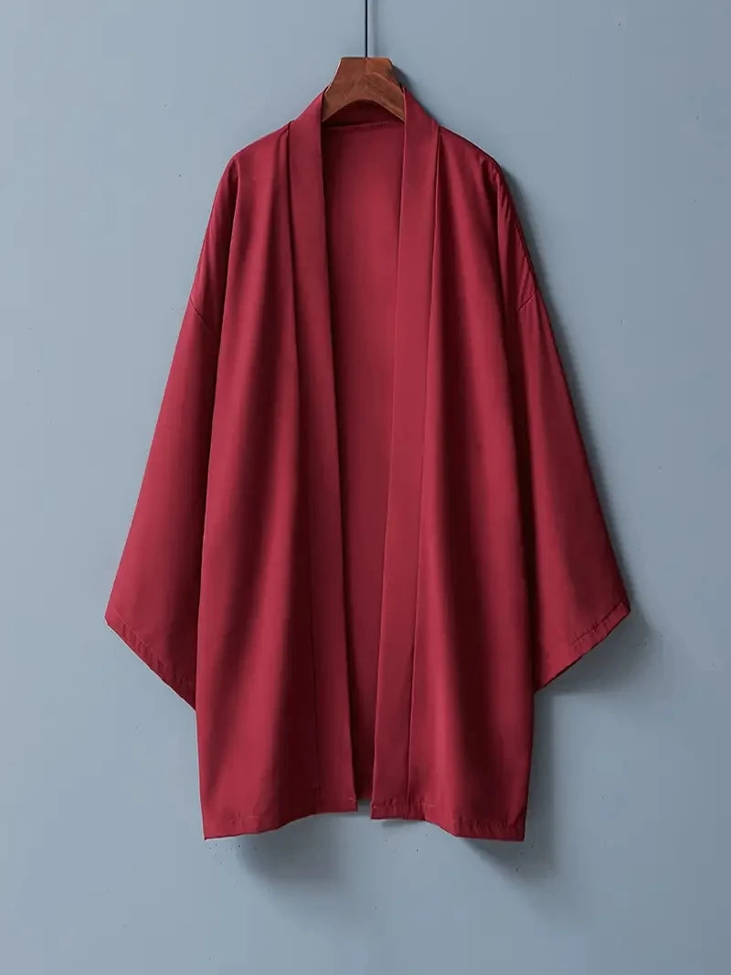 2024 New Men's Long Solid Color Japanese Kimono Poncho Summer Casual Loose Women's Yukata Haori Beach Black Hiyoshi Shirt Jacket