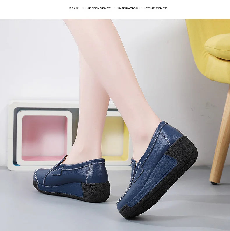 2022 Spring Autumn Women Flats Platform Loafers Ladies Genuine Leather Comfort Wedge Moccasins Orthopedic Slip On Casual Shoes