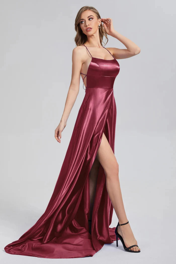 A-line Slit Cowl Neckline Satin 3 Styles Bridesmaid Dress With Tieing Dresses For Special Events Evening Dress Dresses For Prom