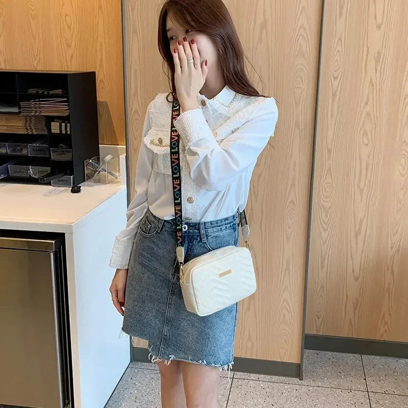 Embroidered PU Camera Bag, Small Square Shoulder Bag, Casual and Versatile