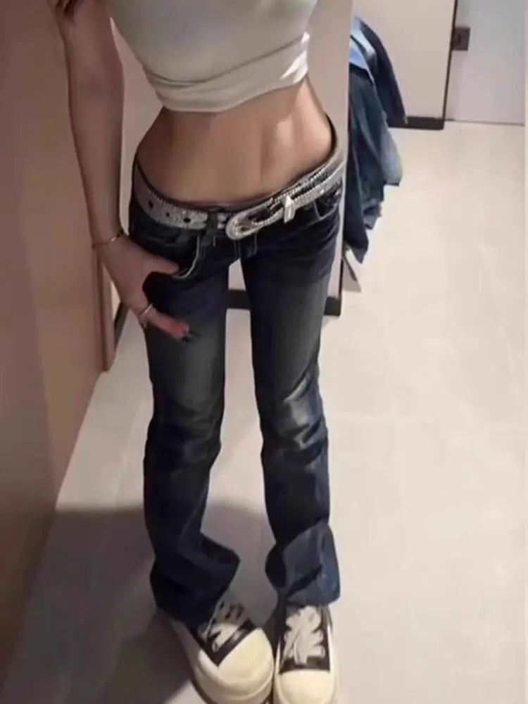 Summer Y2K Fashion Retro Punk Low Waist Casual Embroidery Diamond Jeans Blue Wings Pattern Embroidered Leg Slim Pants
