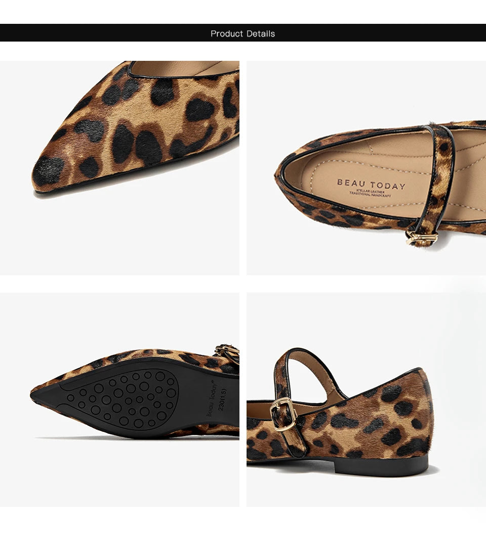 BEAUTODAY Mary Janes Women Horsehair Pointed Toe Leopard Print Buckle Strap Fashion Ballet Ladies Flats Dress Handmade 18293