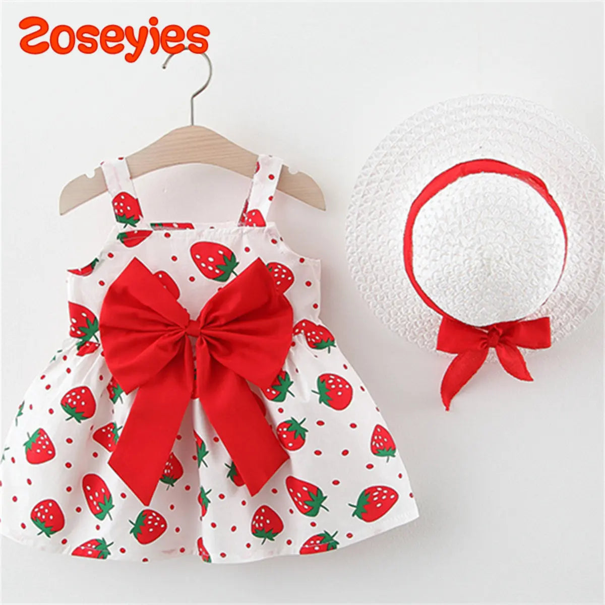 New Summer Baby Girls Dress + Hat Big Bow Ribbon Halter Strawberry Polka Dot Full Print Sweet Princess Dress Birthday Party Team