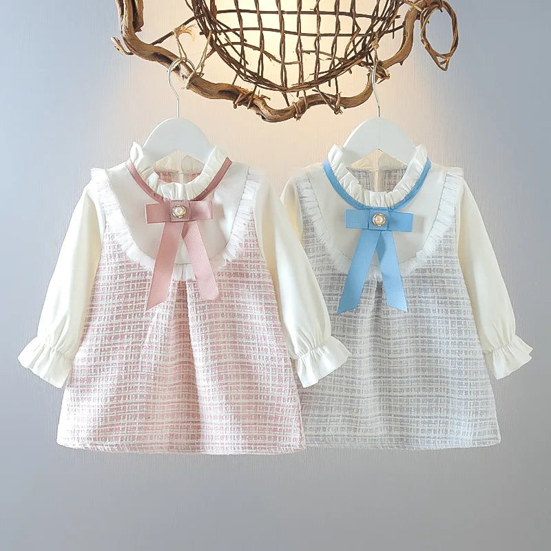 Baby Girl Dresses Spring/Fall Bow-Tie Plaid Long-Sleeve Girls' Dress Adorable Princess Baby Dress Baby Girl Clothes