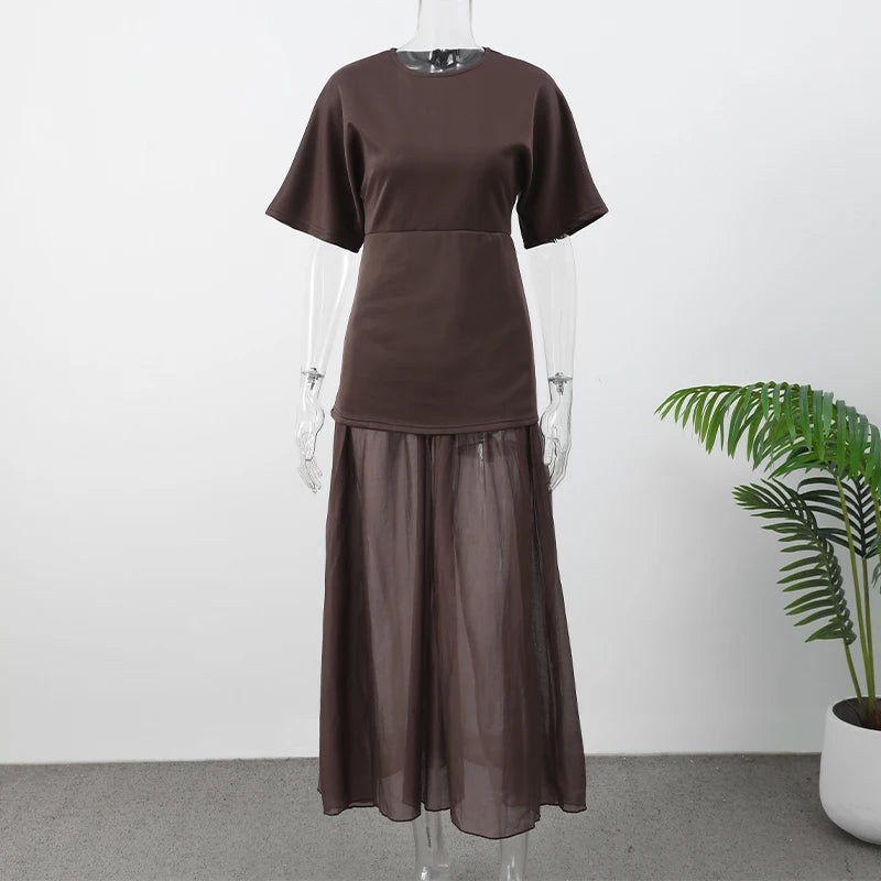 2025 Chic Splicing Brown Half Sleeve Maxi Dress Women's Casual Pleated A-line Slim Vestidos Female Office Commute Street Robes