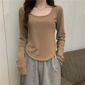 Women's temperament elegant bottoming thin section long-sleeved T-shirt irregular Slim short tops bottoming shirt
