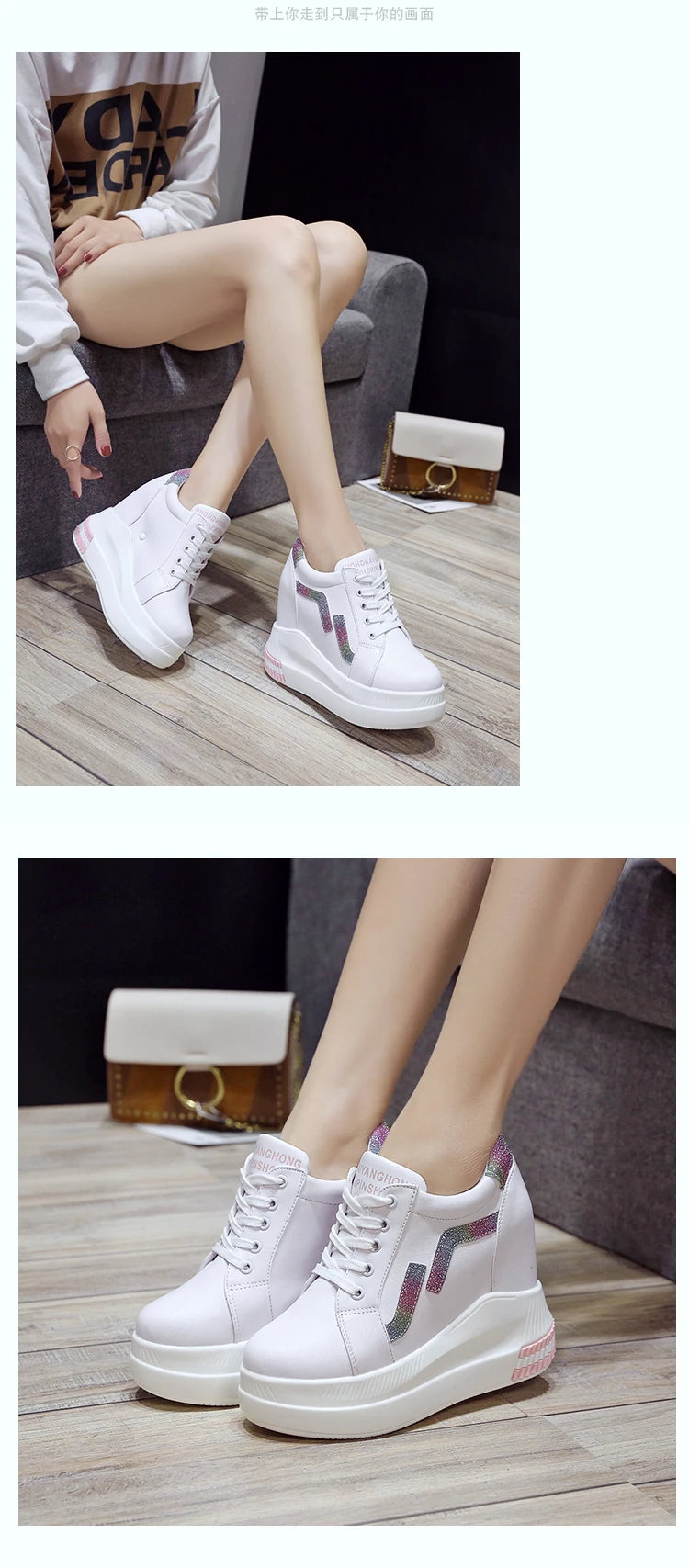 Women's Ankle Boots Autumn Leather Chunky Shoes Woman Platform Height Increased Sneakers 10.5CM Thick Sole Wedges White Boots