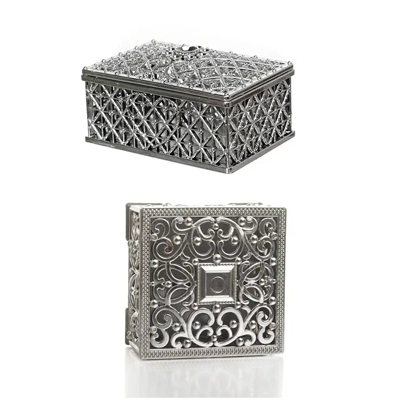 2 PCs Mini Treasure Storage Jewelry Box Silver-color Hollow Flower Pattern Jewelry Case Boxes for Necklace Earring Ring