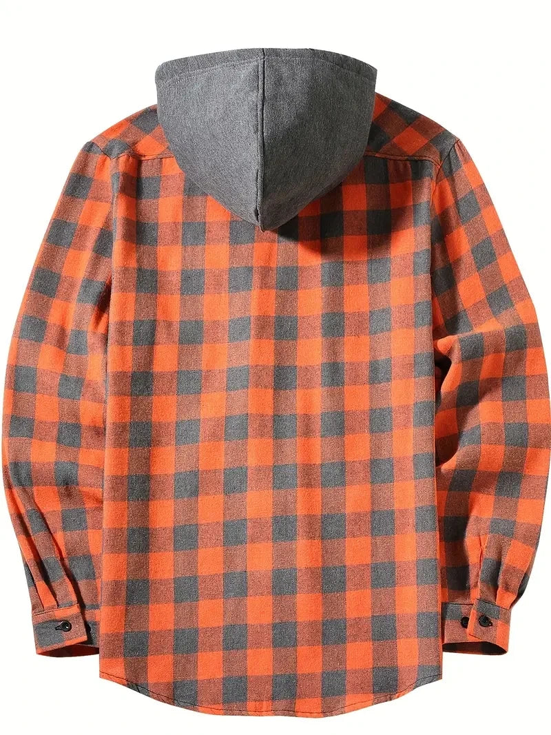 Youth Fashion Street Hooded Plaid Shirt Men's Slim Fit Long Sleeved Shirt Couple Travel Casual Shirt Men's Sports Shirt Jacket