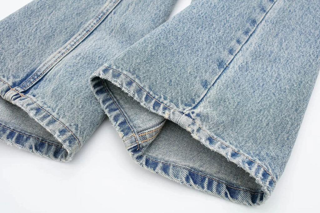 HH 2024 Women's Street Fashion Denim Blue Jeans Distressed Patchwork High Waist Zipper Fly Ripped Retro Long Pants