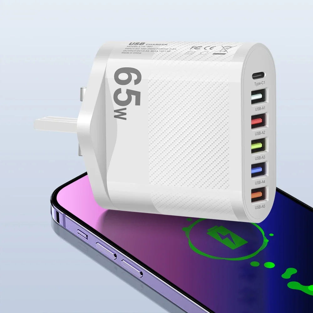 3.1A 5 Ports USB Charger PD Fast Charging Adapter For iPhone Xiaomi Samsung Mobile Phone EU/US/UK Plug Charge QC3.0 Wall Charger
