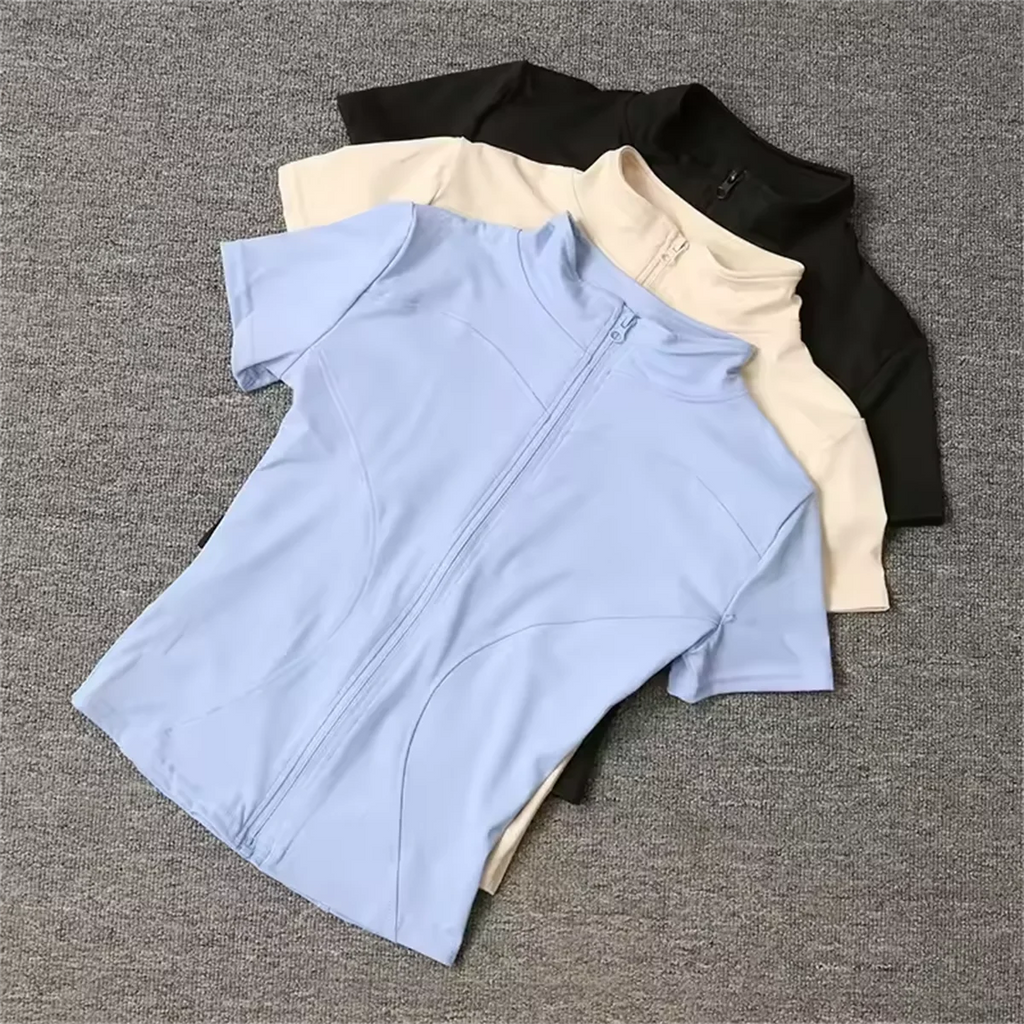 Women Summer Slim Yoga Tops Stand Collar Full Zipper Short Sleeves Shirts Solid Workout Clothes Gym Running Coats Lady Casual