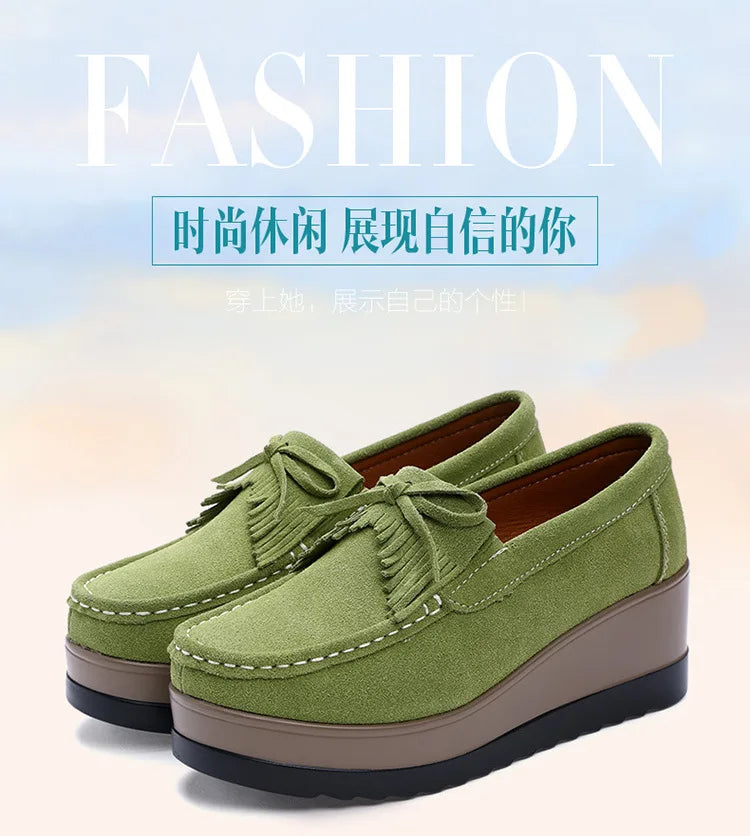 Fashon Green Suede Shoes of Women 2025 Spring Platform Leather Flats Slip on Sneakers Designer Tassel Fringe Loafer Moccasins