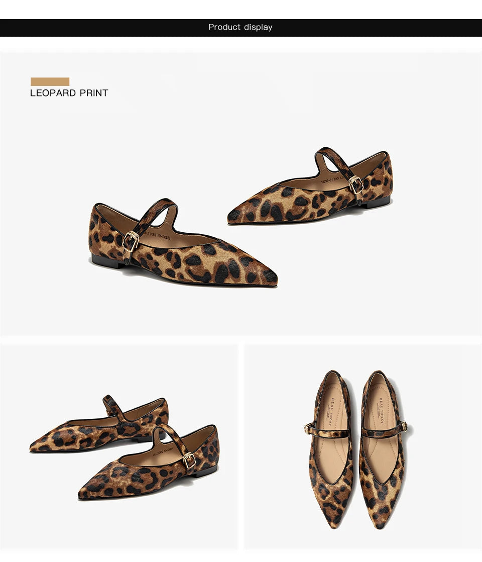 BEAUTODAY Mary Janes Women Horsehair Pointed Toe Leopard Print Buckle Strap Fashion Ballet Ladies Flats Dress Handmade 18293