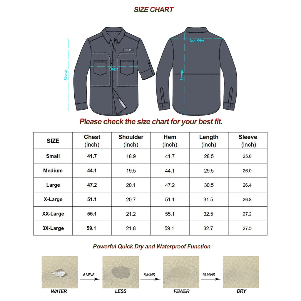 Men's UPF 50+ Long Sleeve Fishing Shirts Sun Protection Breathable Hiking Work Shirt Casual Button Down Shirt with Zipper Pocket