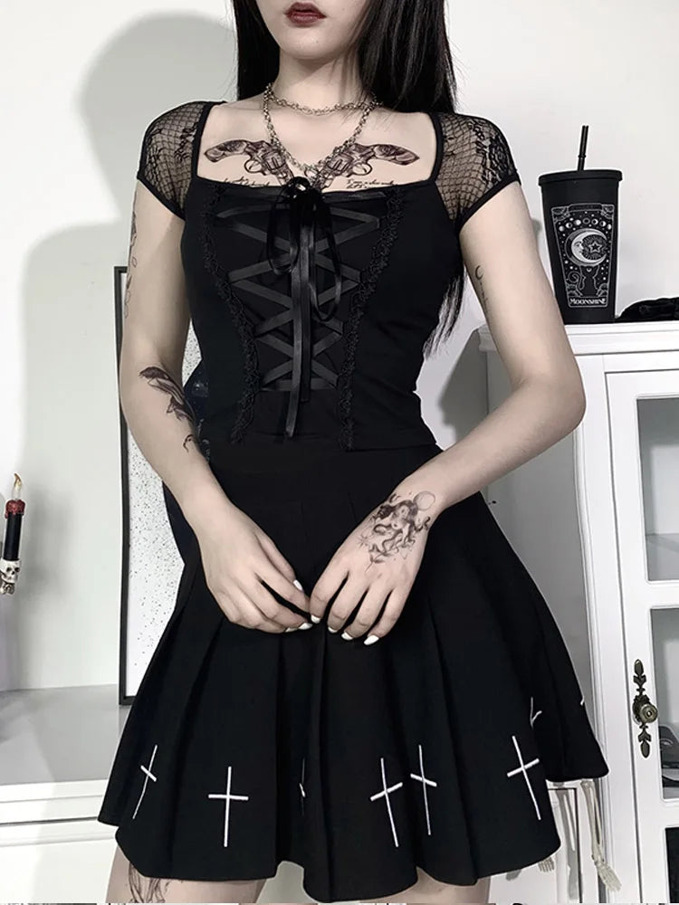 Women's Vintage Gothic T-shirt Bodycon Bandage Lace Black Mesh Top Sexy Casual Gothic Streetwear Female Top