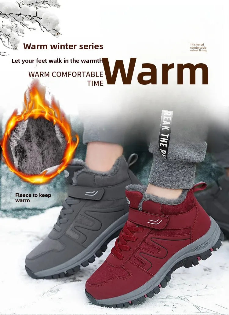 Winter High Top Snow Boots Men's Cotton Shoes Warm Fleece Lined Outdoor Anti-slip Casual Flats for Elderly And Middle-aged