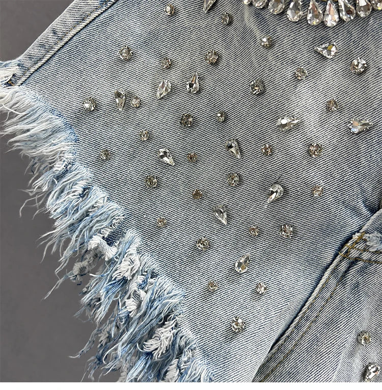 Diamond-Embedded Denim Shorts Women's Fashionable 2023 New Summer High Waist Loose Slimming Raw Hem Wide Legs Short Hot Pants