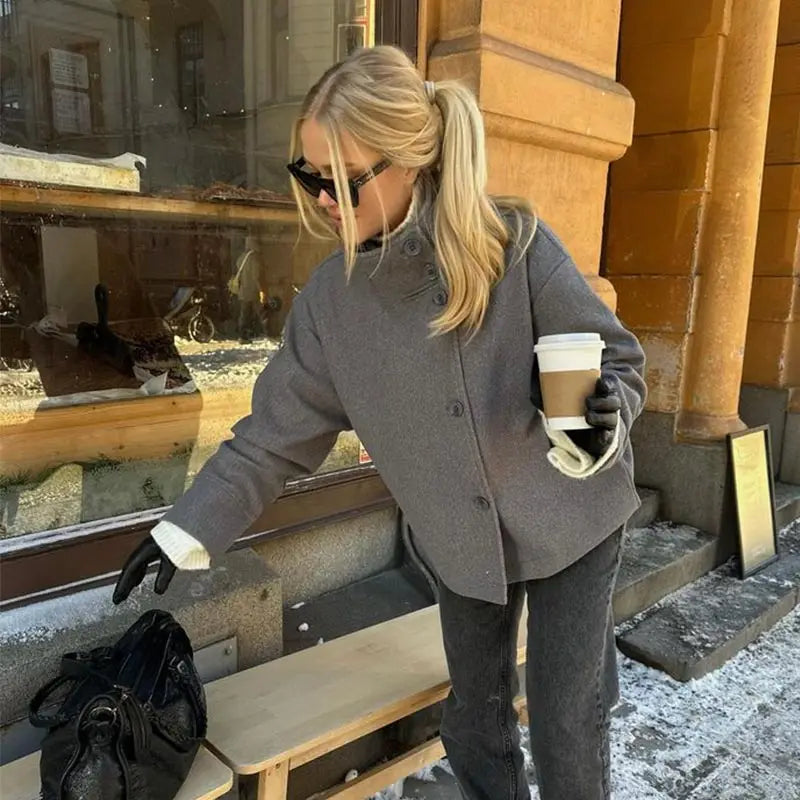 Stand Collar Women Spring Woolen Coats Single Breasted Loose Female Long Sleeve Jacket  Fashion Office Lady Street Short Coat