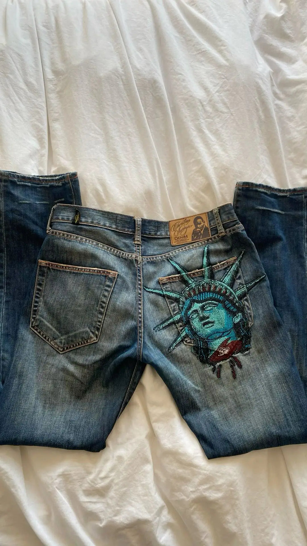 Vintage Statue of liberty Diamonds Jeans Casual Denim Pants High Waist Straight Wide Leg Jeans Harajuku Y2k 2000s Women Clothing