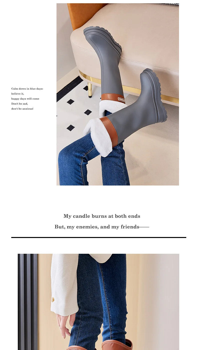 Adult Fashionable High-top Rain Boots Women's Waterproof and Non-slip Rain Boots for Outdoor Travel and Camping Cotton Warm Boot
