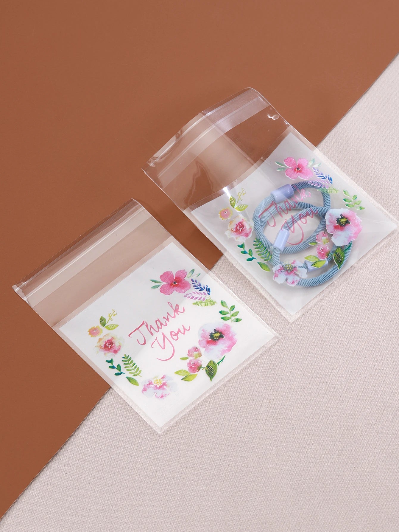 100pcs Colourful Flowers THANK YOU Self-adhesive Bag Plastic Pouches for DIY Jewelry Display Cookies Storage Gifts Bag Wholesale
