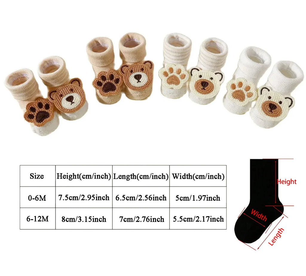 4 Pairs Baby Cute Cartoon Bear Socks, Baby Non-Slip Soft Cotton Socks Ankle Socks for 0-12 Month Newborn Toddler Boys and Girls