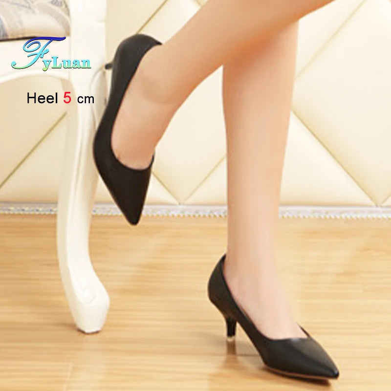 Black Med Heels 5cm Women Shoes Thin Heels Pointed Shallow Mouth Ladies Pumps Ten Colours Microfiber Stiletto Shiny Dating Shoes