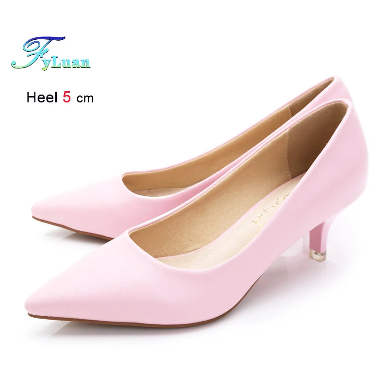 Black Med Heels 5cm Women Shoes Thin Heels Pointed Shallow Mouth Ladies Pumps Ten Colours Microfiber Stiletto Shiny Dating Shoes