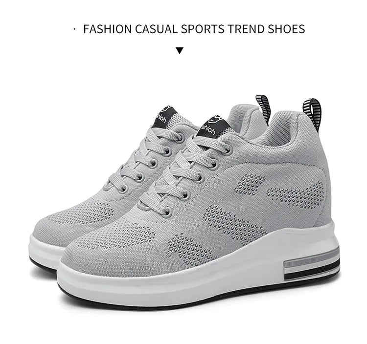 Casual Increase Women Shoes Mesh Comfortable Breathable Wedge Heels Fashion Contracted Lace Up Running Sneakers Tênis Branco